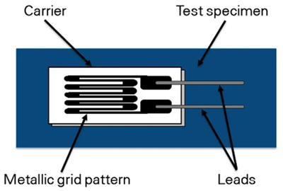 Labeled Diagram of a Strain Gauge Bonded to a Test Specimen